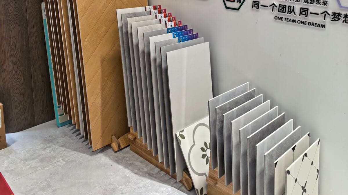 Full-size decorative surface samples displayed in a material showroom